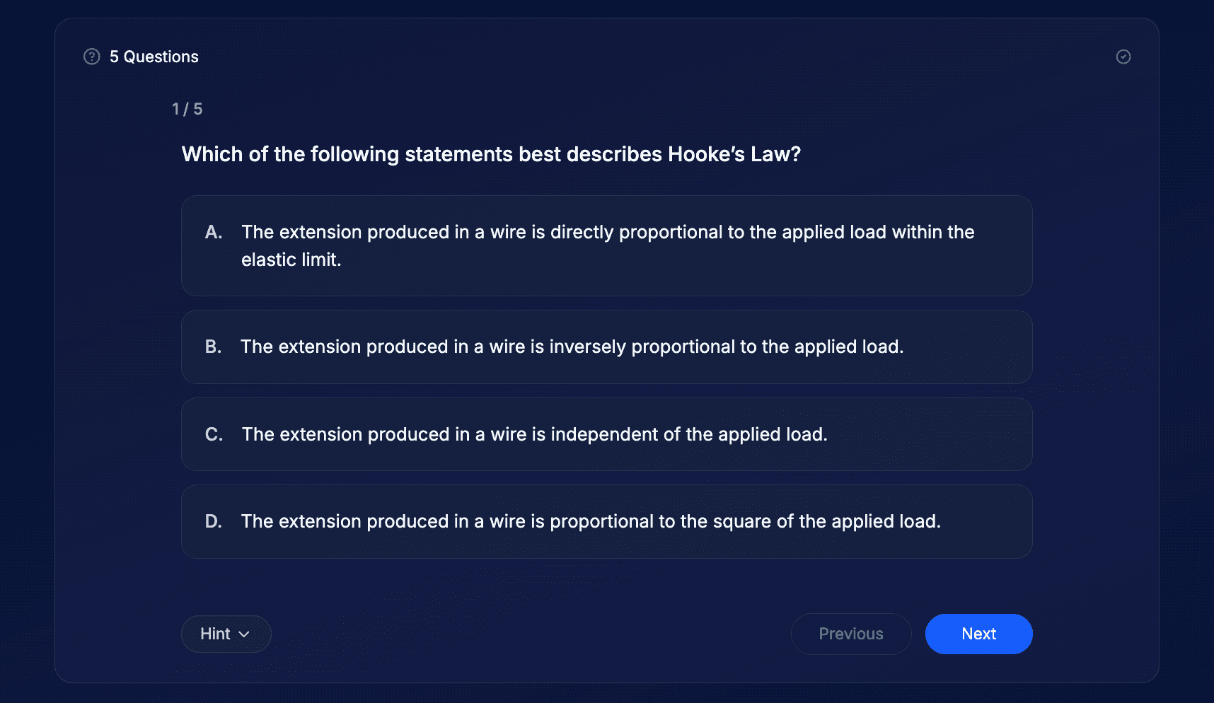 PrismLMS AI-generated MCQ quiz with multiple choice options and navigation controls