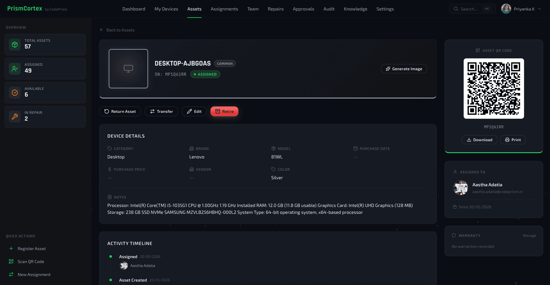 PrismCortex device detail — return asset, retire, and activity timeline for offboarding