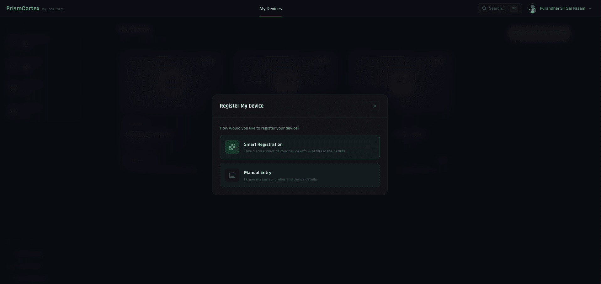PrismCortex Smart Registration — screenshot upload flow with AI-filled device details