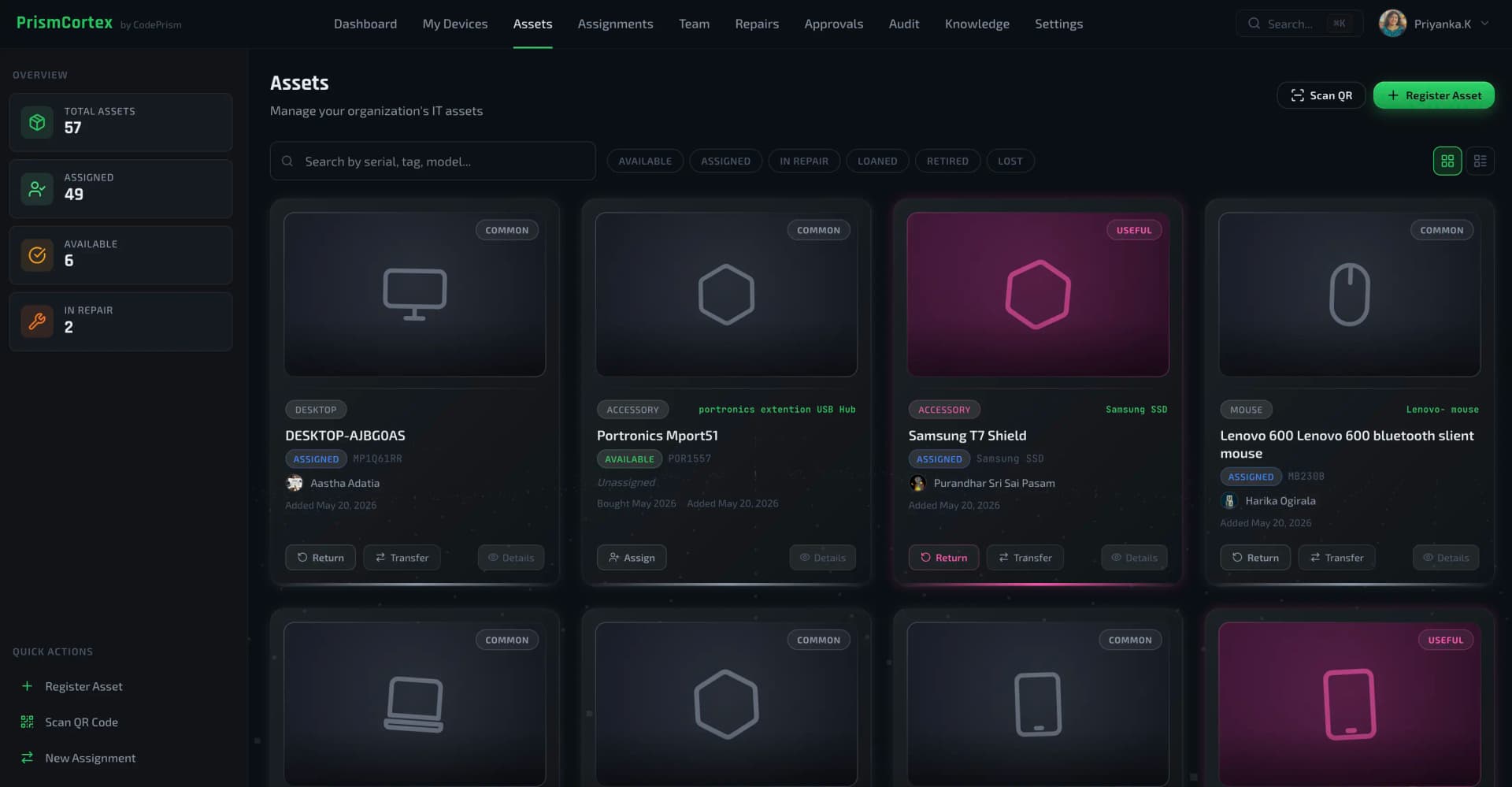 PrismCortex catalog card grid: seat usage and asset status at a glance
