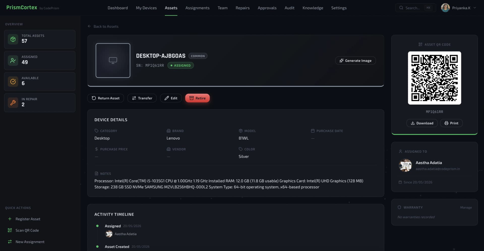 PrismCortex device detail: return asset, retire, and activity timeline for offboarding