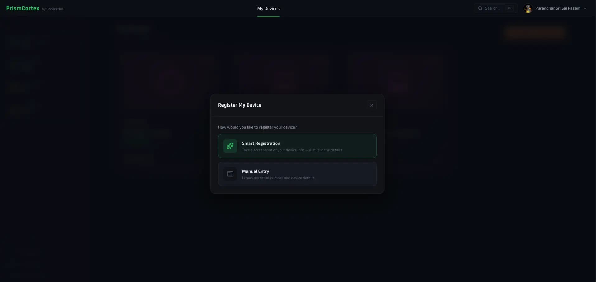 PrismCortex Smart Registration: screenshot upload flow with AI-filled device details