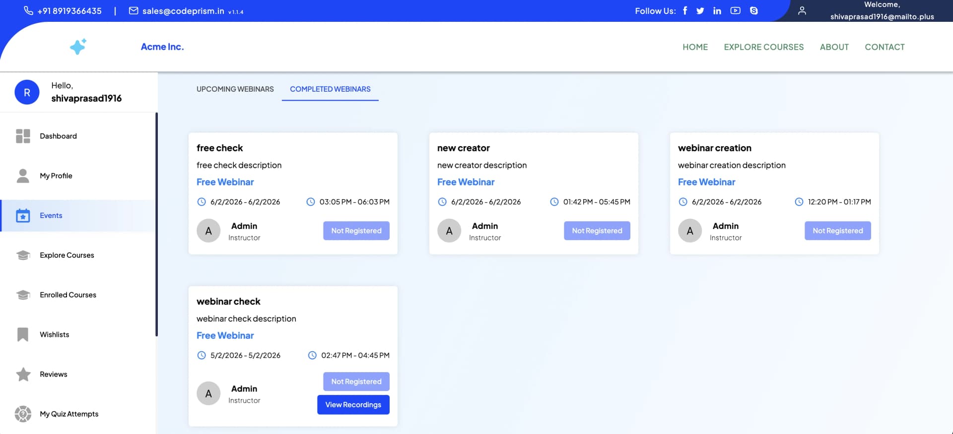 PrismLMS events dashboard listing upcoming and completed webinars with session details
