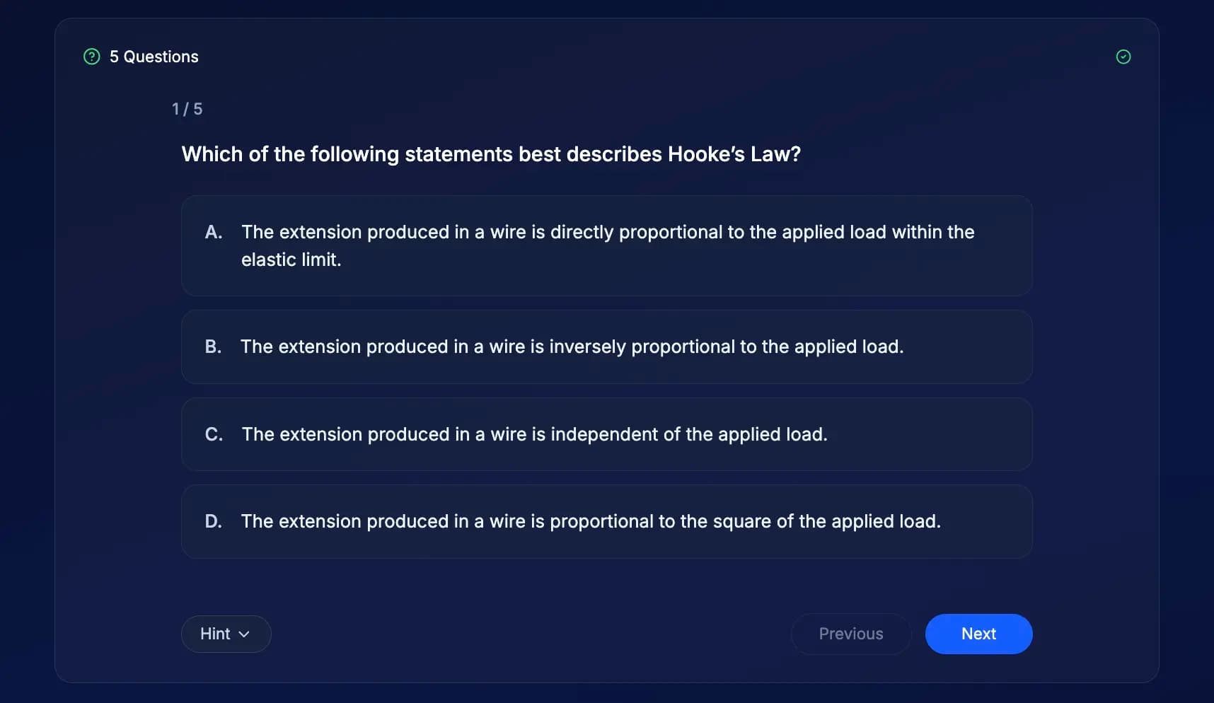 PrismLMS AI-generated MCQ quiz with multiple choice options and navigation controls